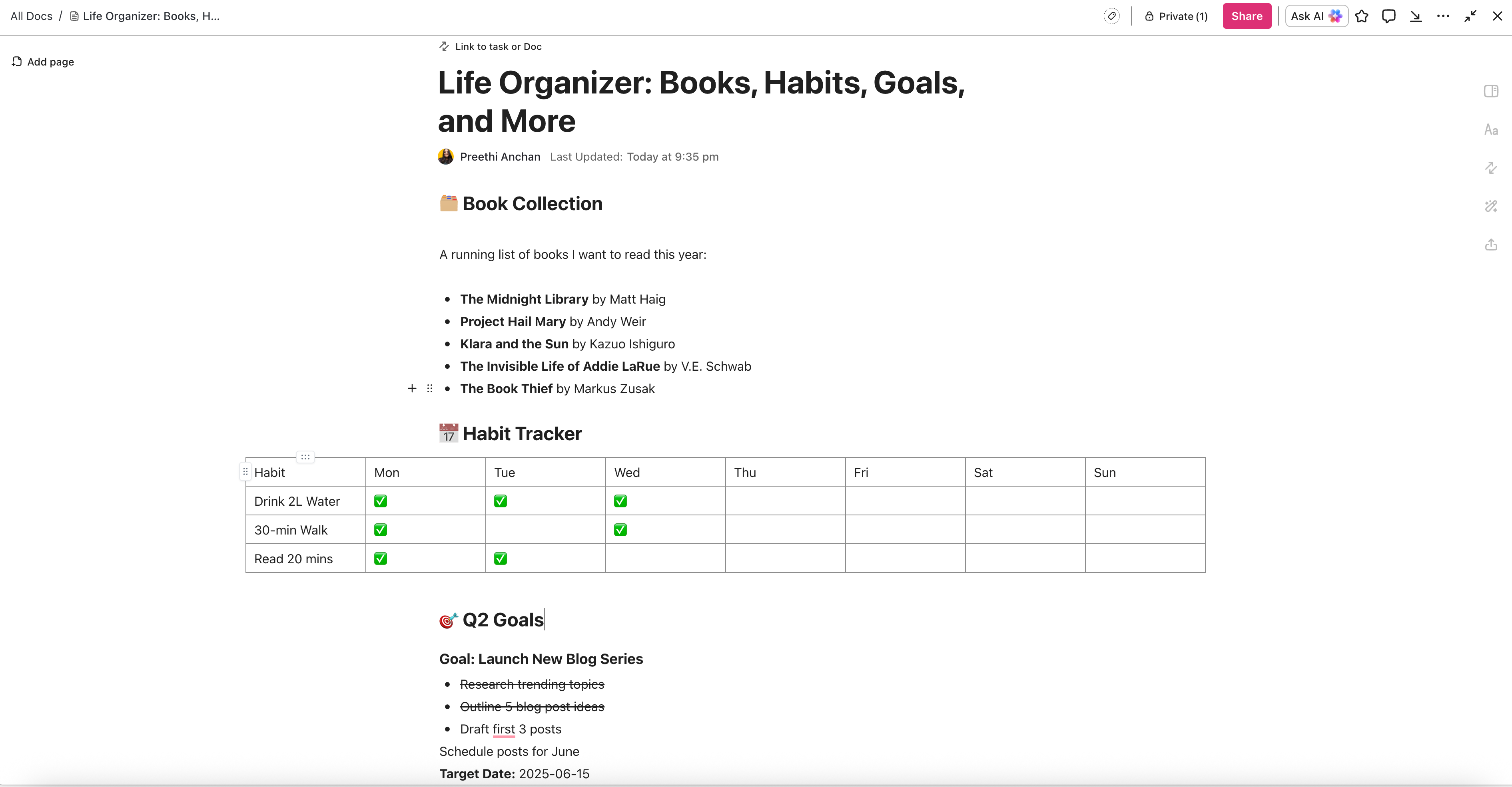 ClickUp Docs for journaling