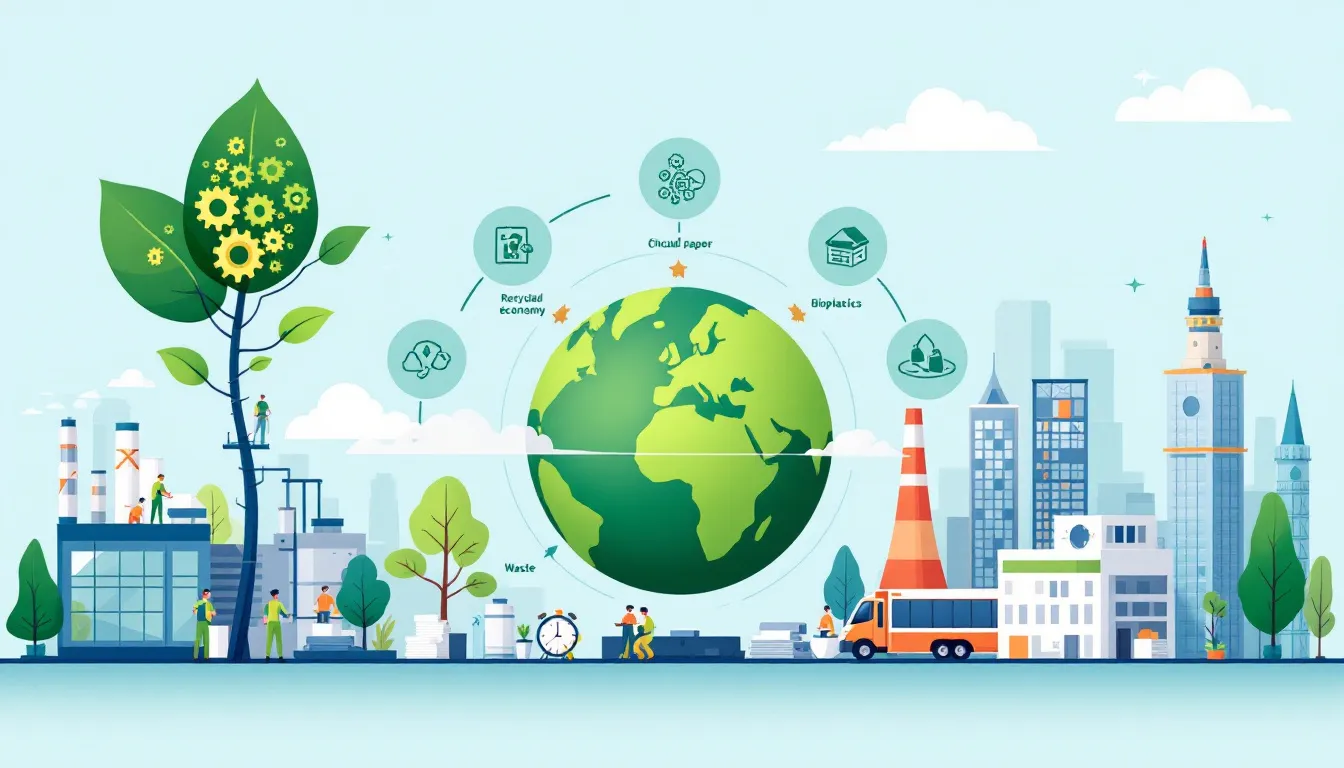 An illustration depicting various green manufacturing practices.