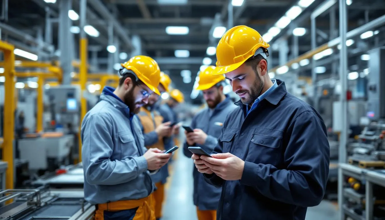 In the image, workers on the shop floor are using mobile devices to streamline manufacturing operations, showcasing a paperless factory environment. This digital transformation enhances data collection and real-time visibility, reducing human error and improving efficiency in production processes.