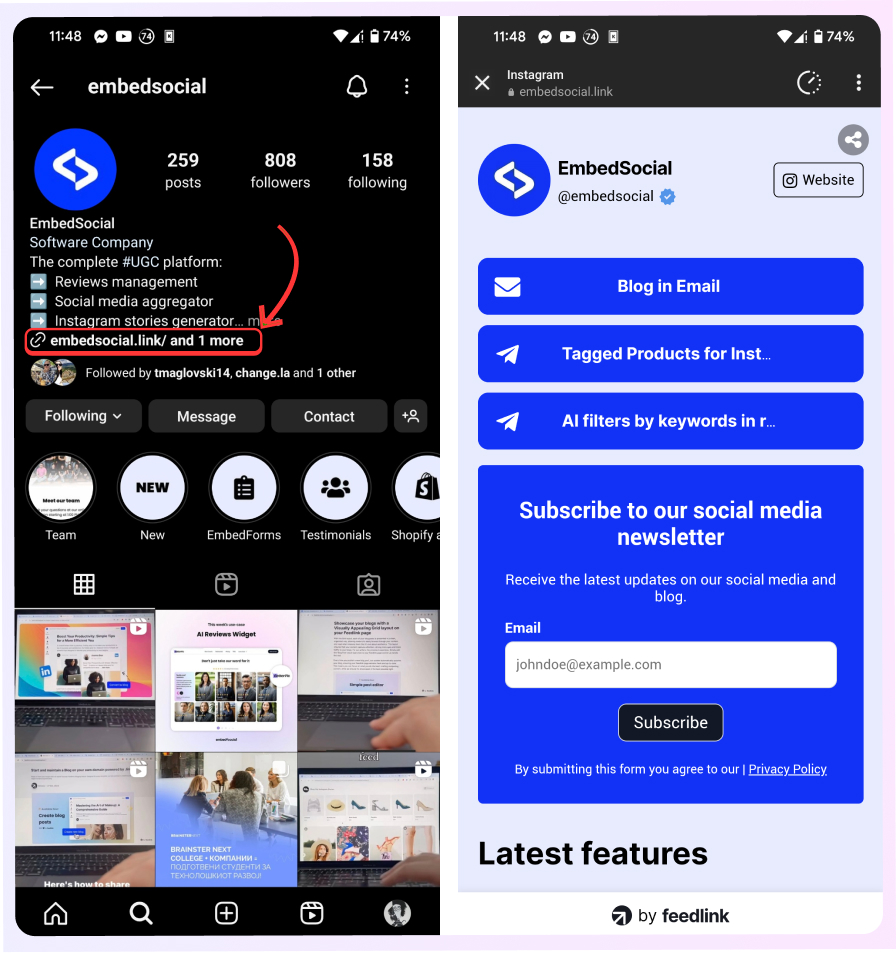 screenshot of link-in-bio section on Instagram